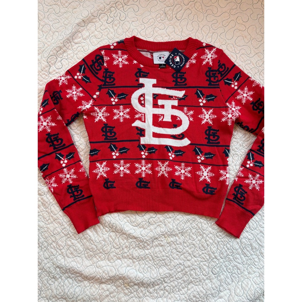 St Louis Cardinals‎ Womens Ugly Christmas Cropped Sweater Snowflake Holly Size S